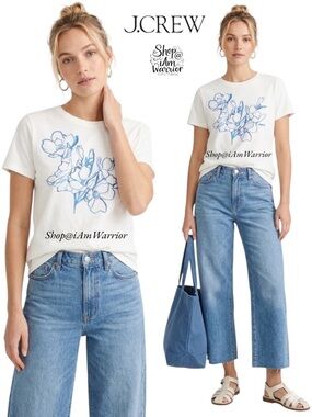 J.Crew ivory graphic tee with blue illustrated floral design *shop@iamwarrior